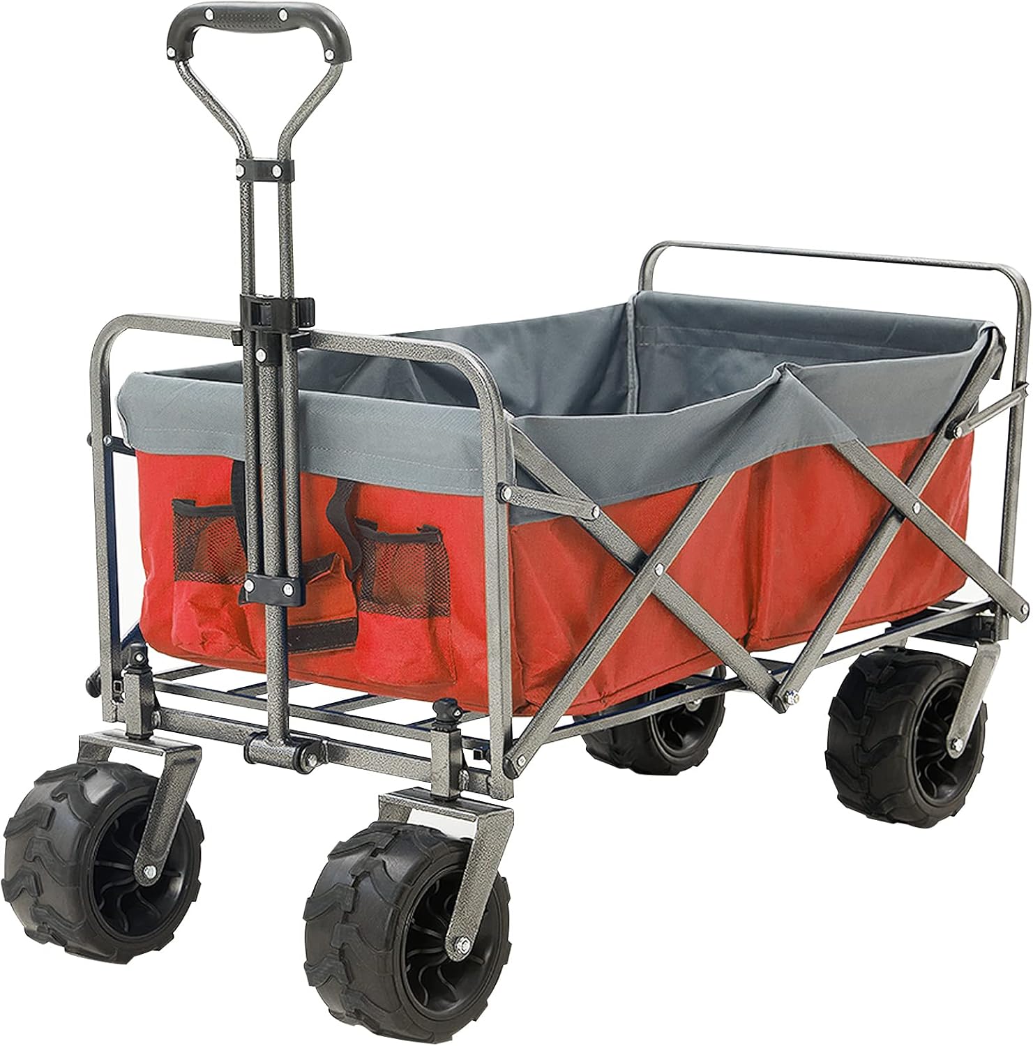 BLUU Collapsible Wagon Cart, Folding Wagon, Heavy Duty Utility Wagon, Portable Garden Wagon Cart with Wheels, Adjustable Handle & Drink Holders