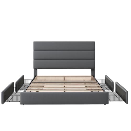 Allewie Modern Full Size Platform Bed Frame with 4 Storage Drawers and Velvet Upholstered Headboard, Wooden Slats Support