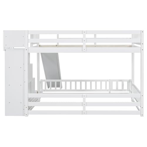 Full-Over-Full Castle Style Bunk Bed with 2 Drawers and 3 Shelves, Wood Bunk Bed Frame with Slide and Storage Staircase for Kids Teens Boys Girls