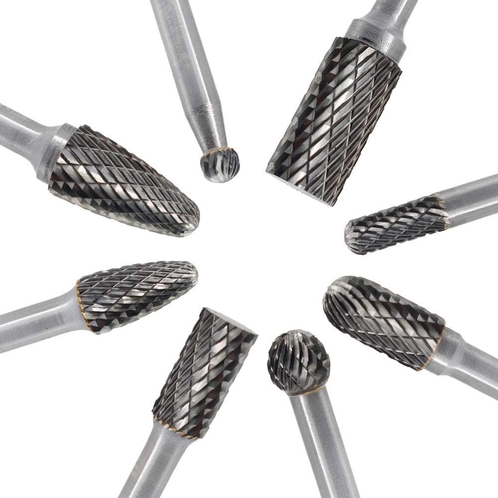 Carbide Burr Set 8pcs JESTUOUS 1/4 Inch Shank Diameter Double Cut Rotary Files Metal Grinding Polishing Carving Tool Drill Bits for Die Grinder Kits