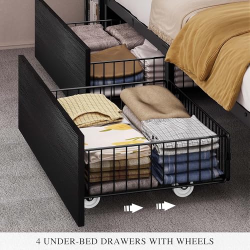 YITAHOME Queen Bed Frame with Bookcase Headboard and 4 Storage Drawers, RGB LED Bed Frame with Type-C & USB Charging Station Storage Headboard Bed
