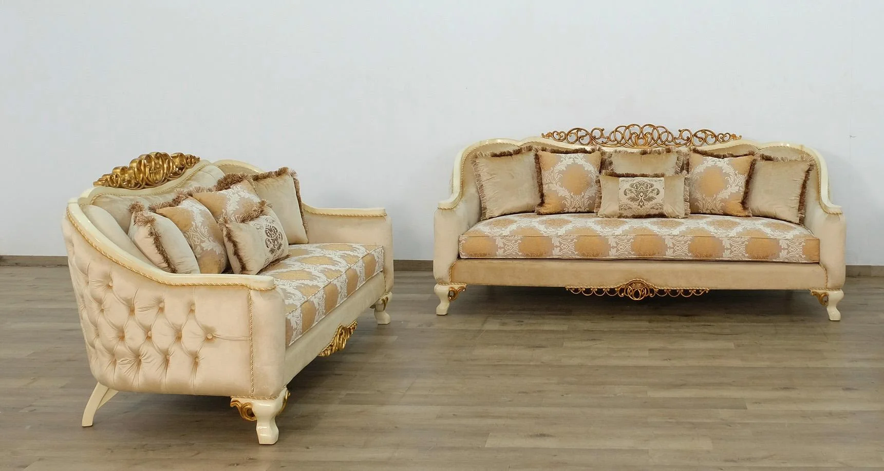 Luxury Beige Antique Dark Gold Wood Trim ANGELICA Sofa Set 2 EUROPEAN FURNITURE