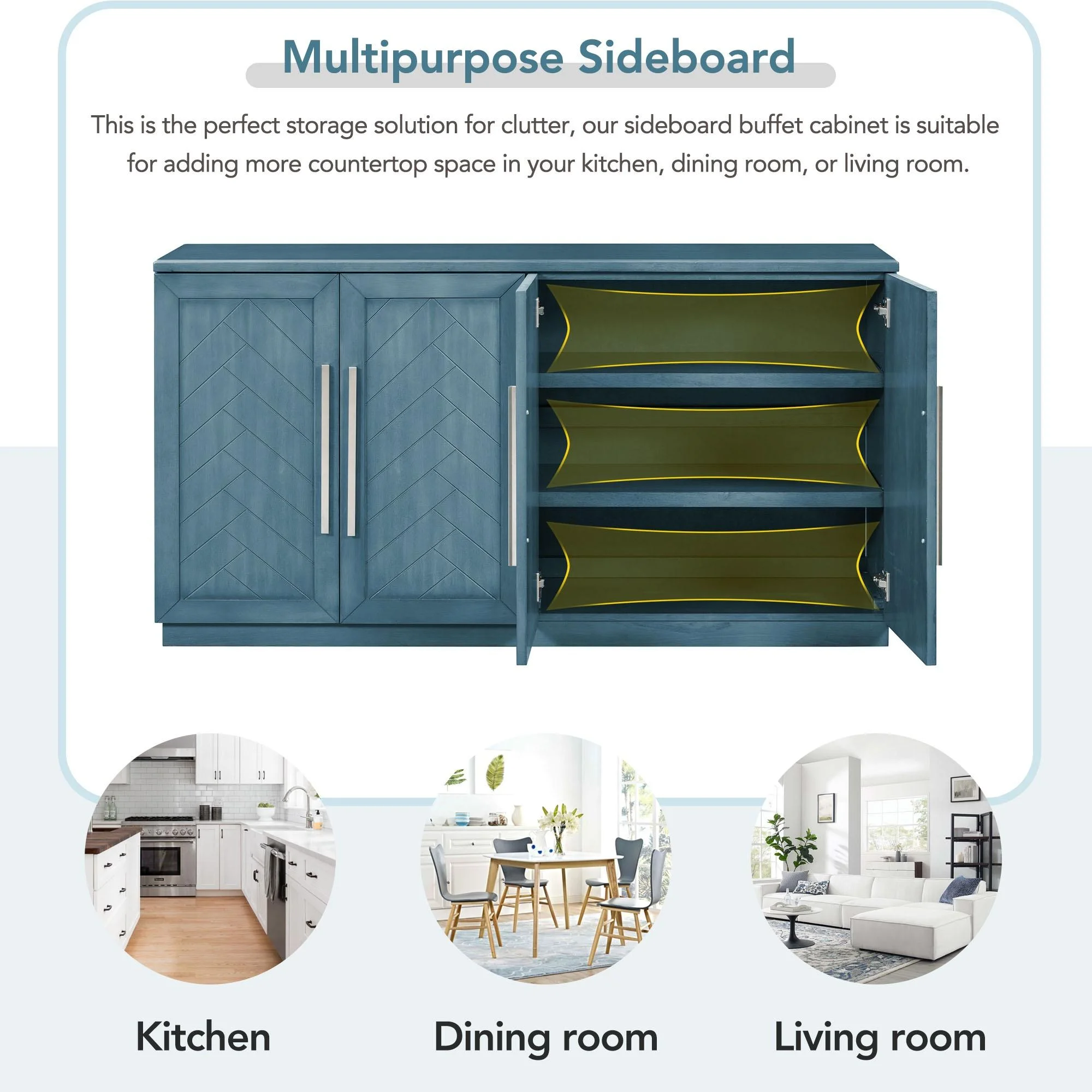 Blue Buffet Cabinet, FURNINEST Accent Cabinet with 4 Doors, Farmhouse Buffet Cabinet with Adjustable Shelves