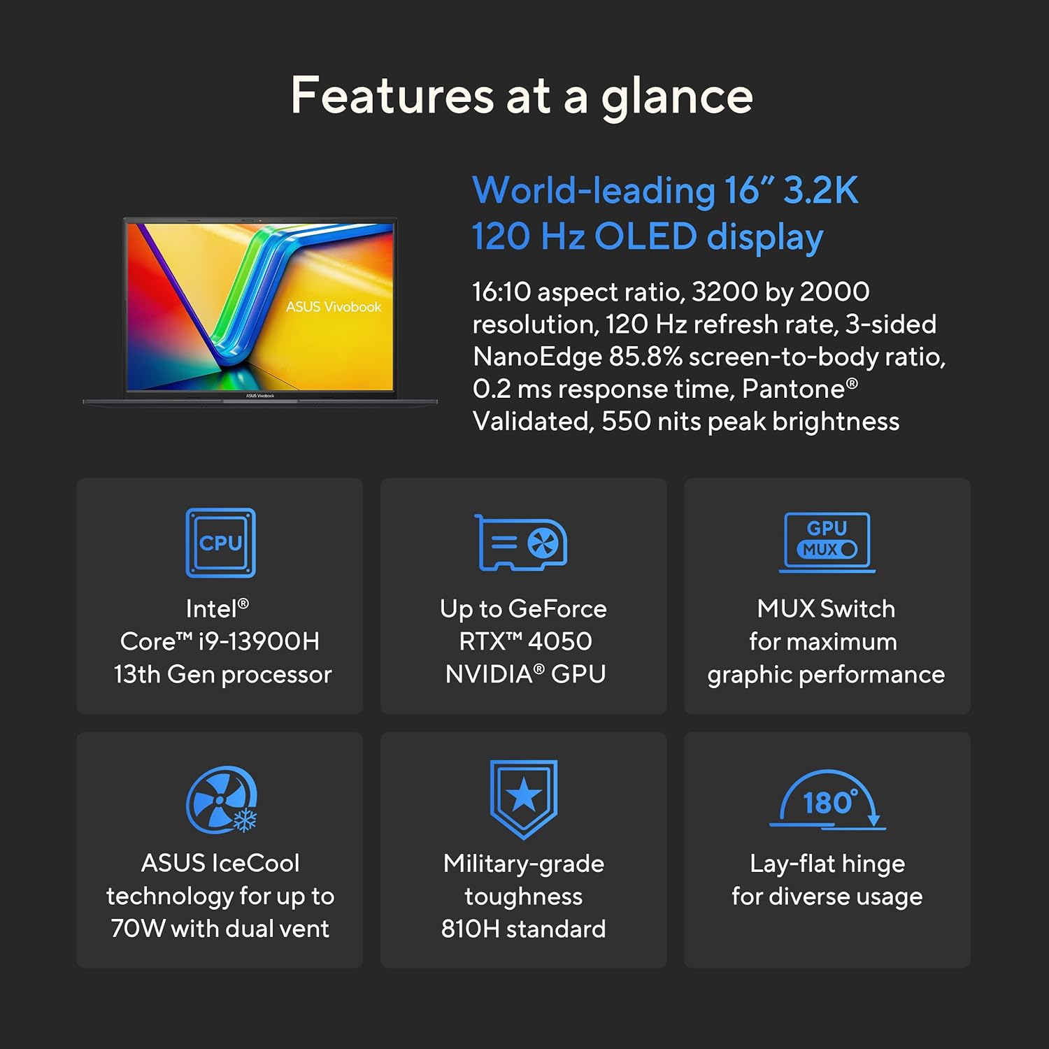ASUS Vivobook 16X OLED Laptop, 16” 3.2K 120Hz Display, Intel Core i9-13900H CPU, NVIDIA Geforce RTX 4050 GPU, 16GB RAM, 1TB SSD, Windows 11 Home