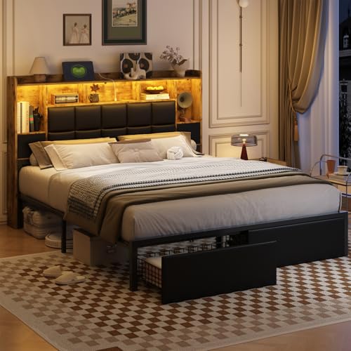 LED Bed Frame Full Size with Bookshelf Headboard, 2 Hidden Storage Drawers, Upholstered Platform Metal Bed Frame with Charging Station