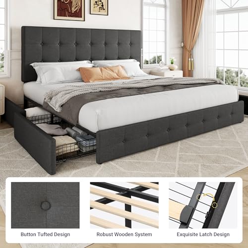 Allewie Upholstered Queen Size Platform Bed Frame with 4 Storage Drawers and Headboard, Square Stitched Button Tufted