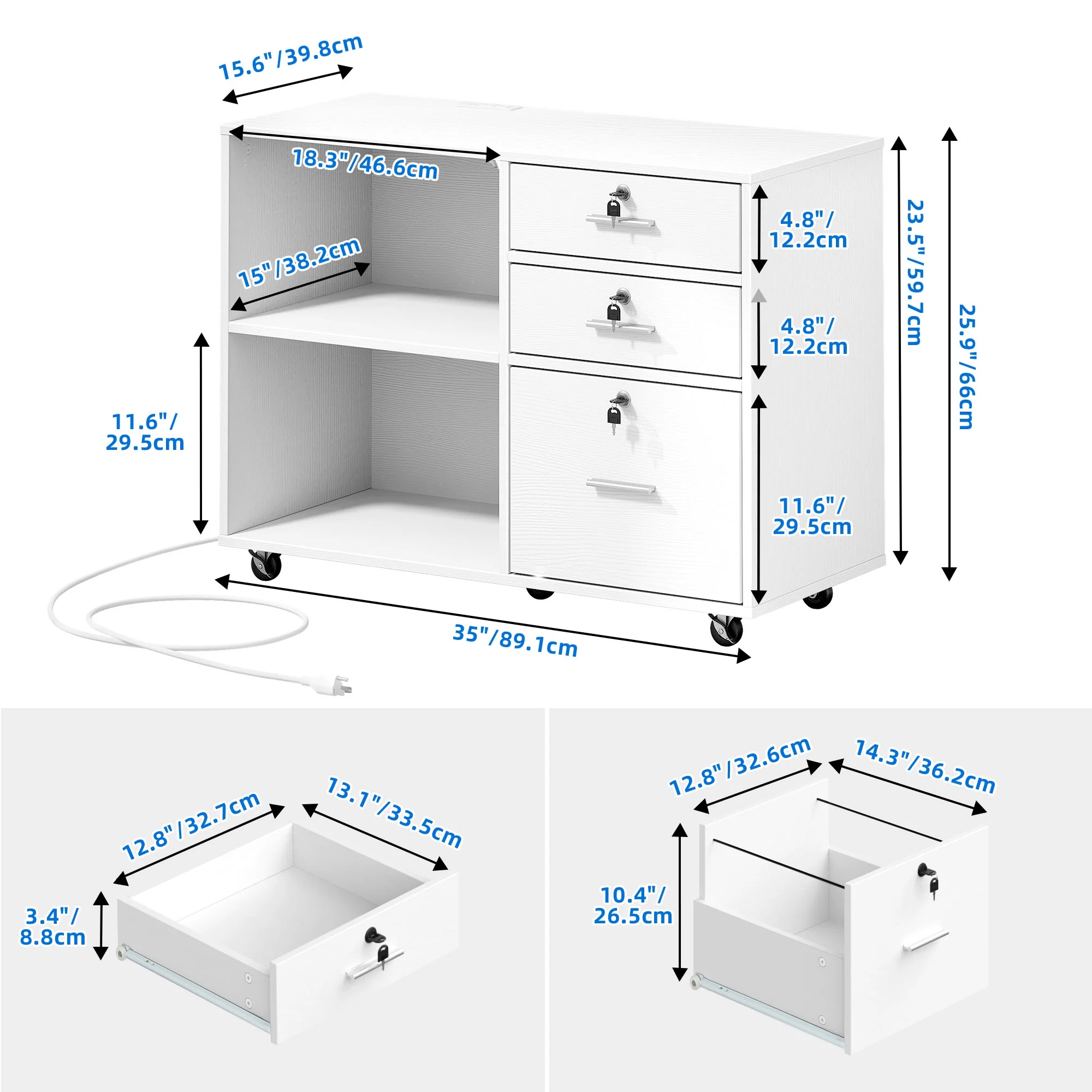 Dextrus 3 Drawer File Cabinet with Charging Station