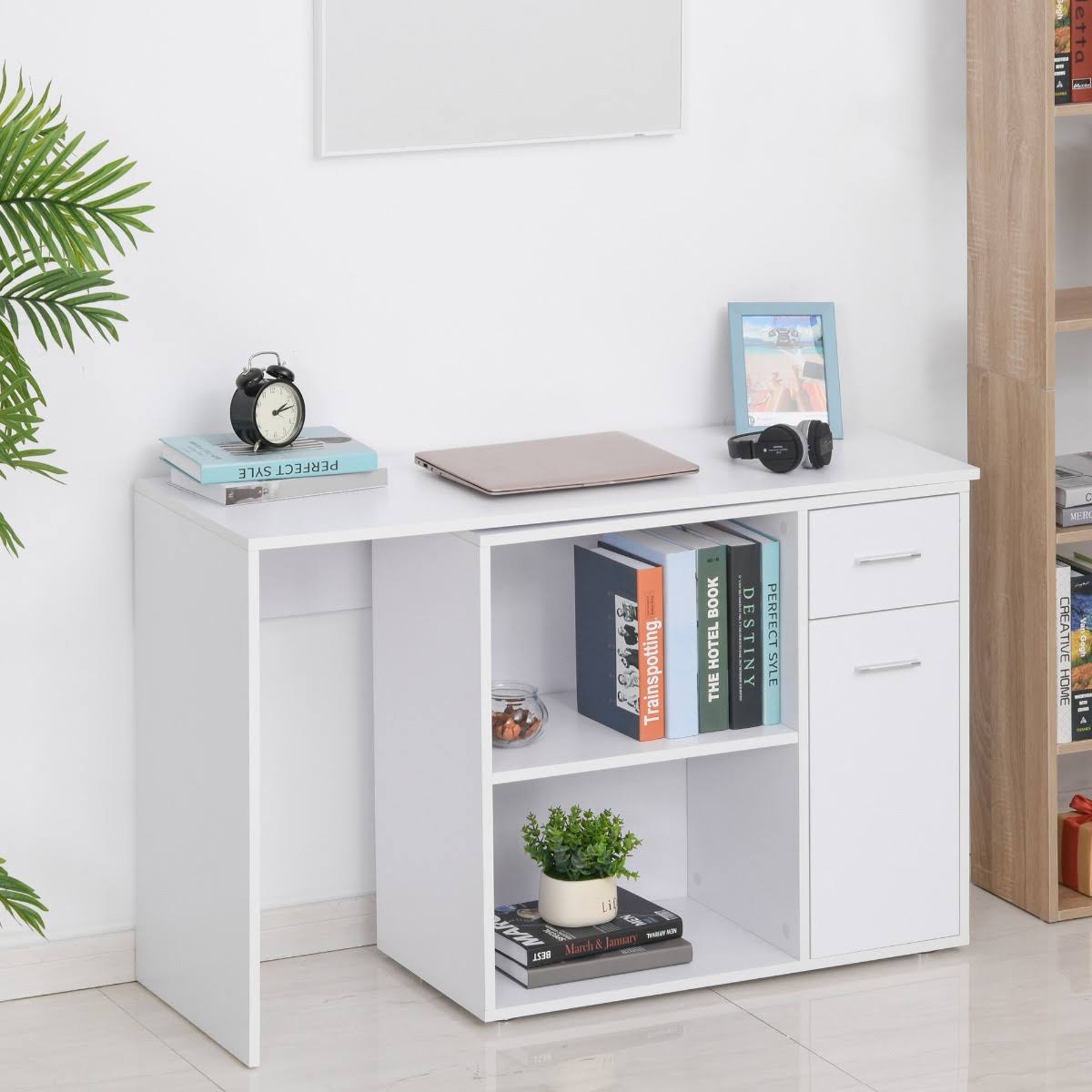 Homcom L Shaped Computer Desk Workstation with Storage Shelves and Cabinet for Home u0026 Office - White