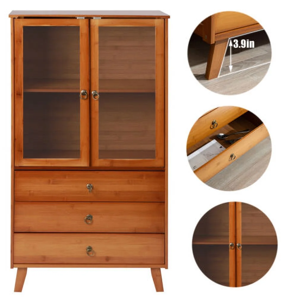 Wooden Storage Pantry Cupboard with 3 Drawers, Cabinets & 2 Acrylic Doors Brown