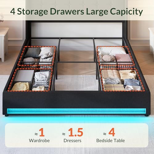 Queen Size LED Bed Frame with 4 Storage Drawers and Tufted Headboard Velvet Upholstered Platform Bed Frame Wingback Beds with Heavy Duty Wood Slats