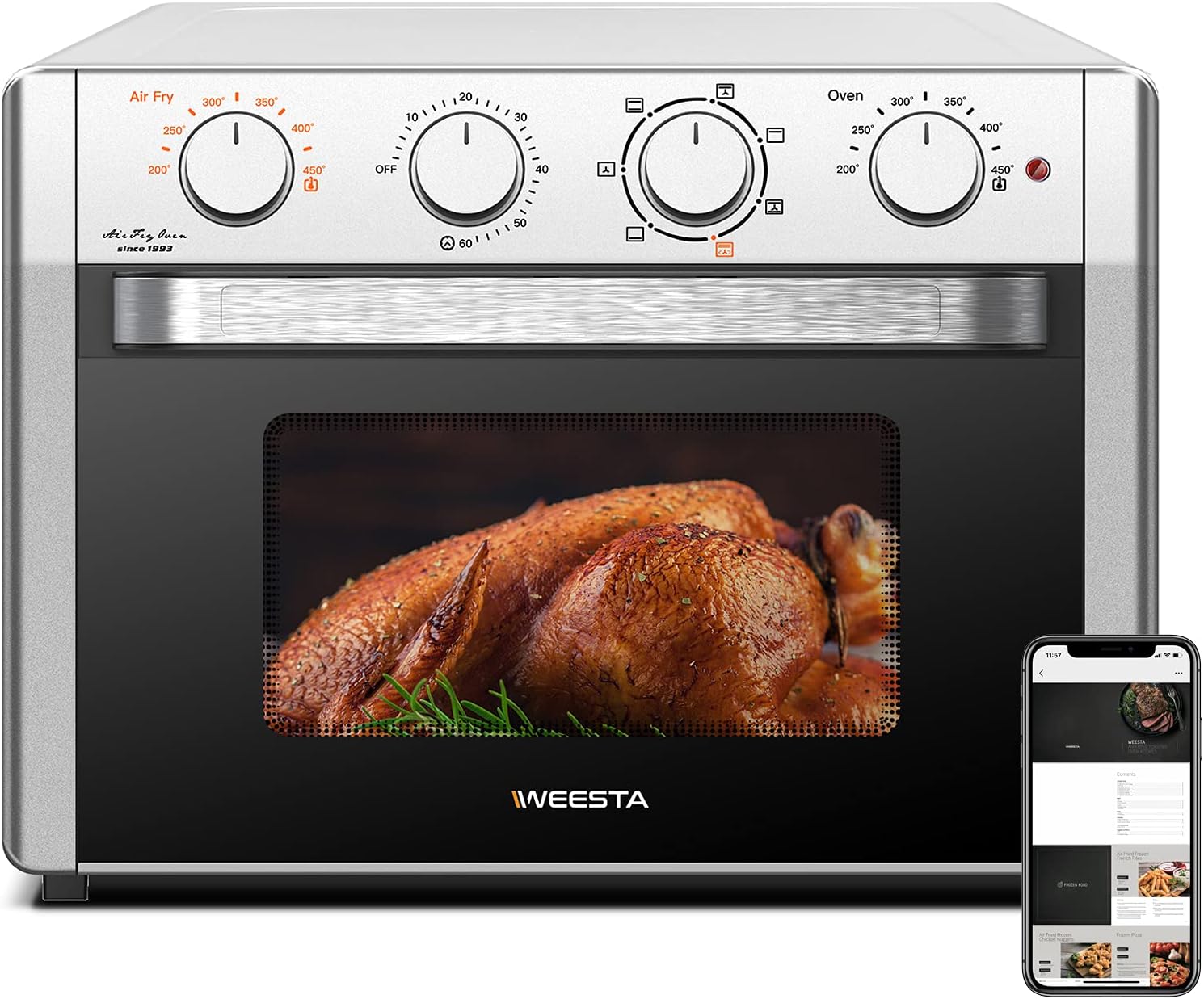 WEESTA Air Fryer Toaster Oven 24 Quart - 7-In-1 Convection Oven with Air Fry, 3 Layer Heating System,Large Capacity,Metal,1500W,UL Certified(Sliver)