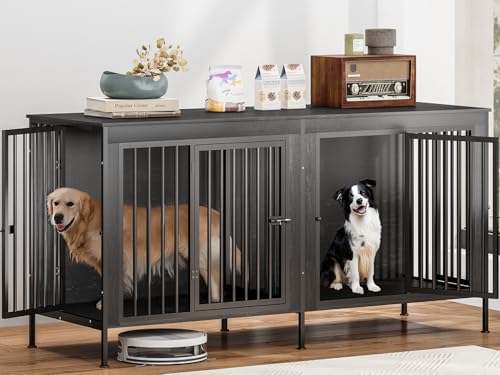 78 Inch Dog Crate Furniture for 2 Dogs,Extra Large Double Dog Kennel Furniture with Removable Divider, XXL Thick Wooden Dog Cage TV Stand