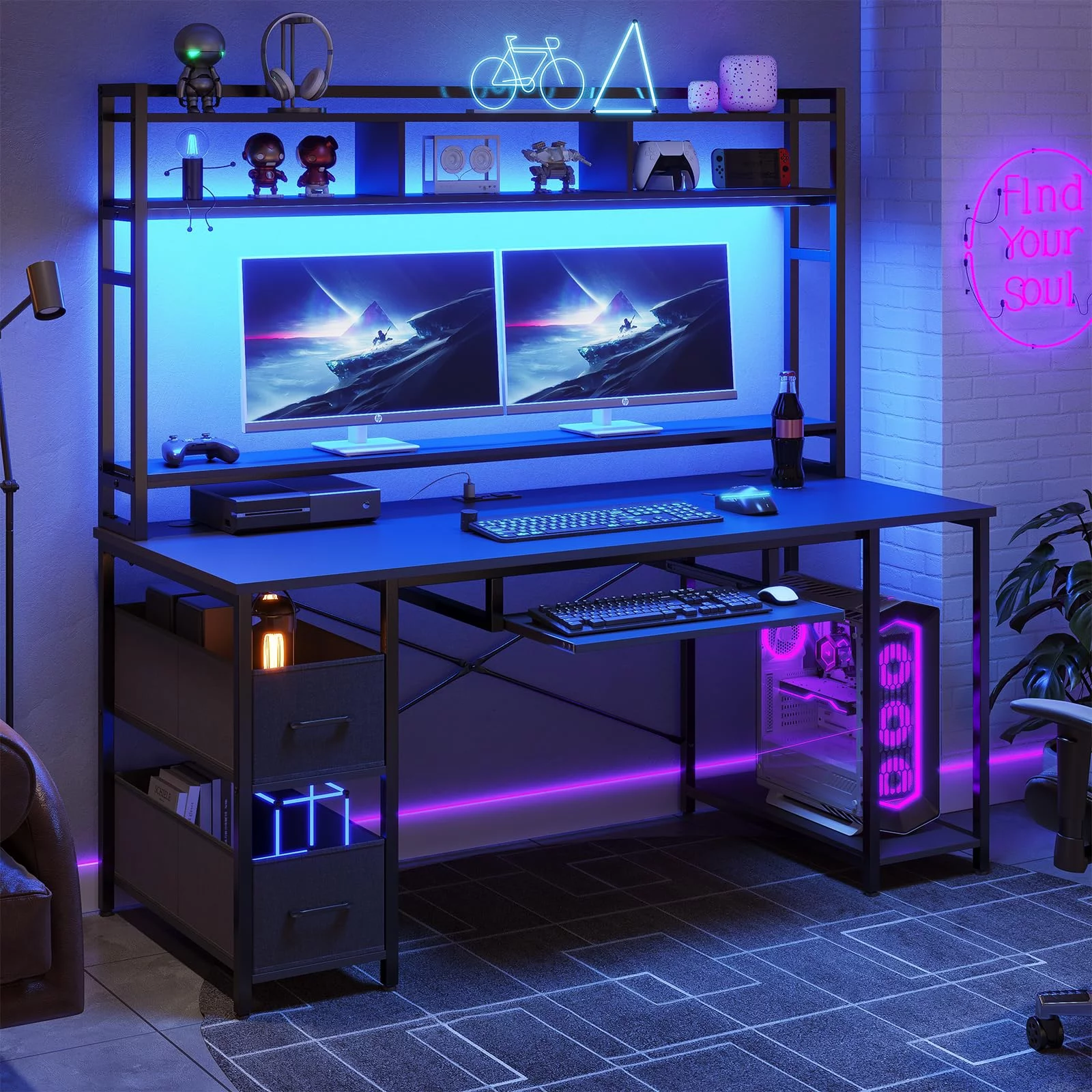 55" Computer Desk Home Office Gaming Desk Table with LED Lights& Power Outlet&Drawer&Adjustable Shelves&Bookshelf, Wood, Black