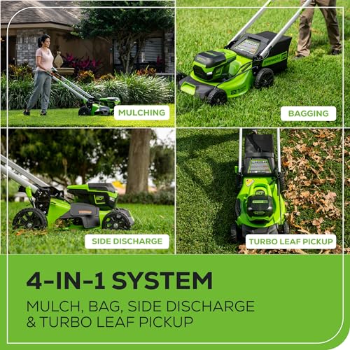 Greenworks 60V 21” Cordless (Self-Propelled) Lawn Mower (LED Lights + Aluminum Handles), 2 x 4.0Ah Batteries and Dual Port Rapid Charger