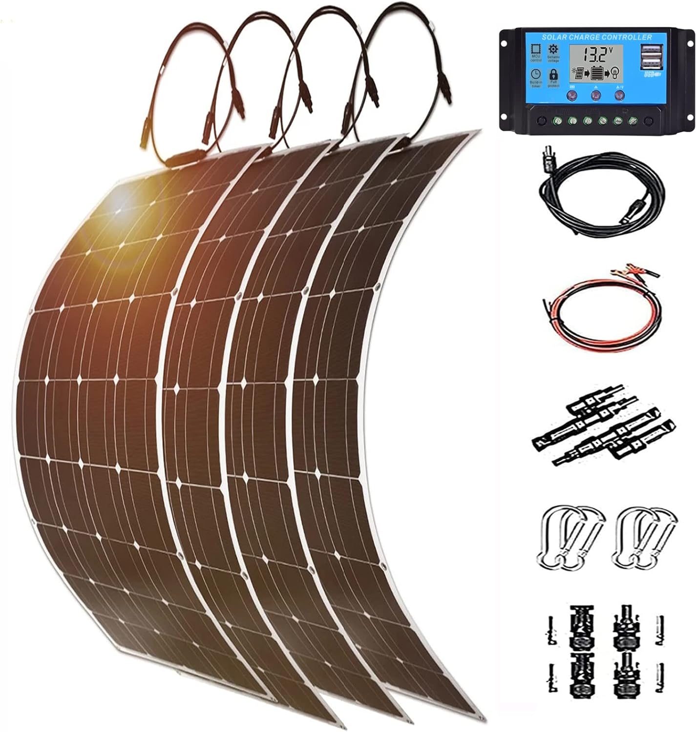 600 Watt Solar Panel Kit 2X300W Flexible Monocrystalline(HIGH Efficiency) Include Charge Controller(40A)and Cable for 24v Battery Charging Car