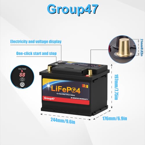 Lithium Car Battery Start and Stop, 12.8V 576WH Group 47 LiFePO4 Automotive Battery For Car, Starter Battery Plus Deep Cycle Performance