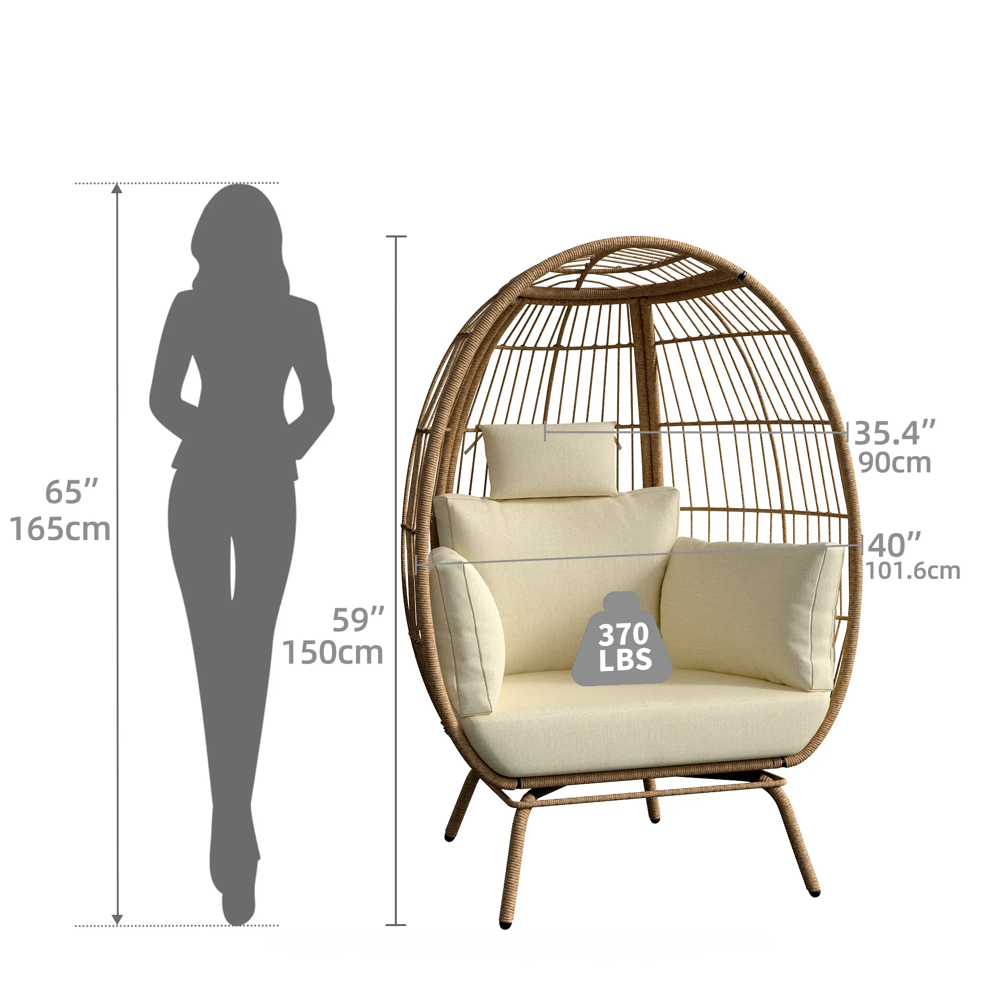 Dextrus Wicker Egg Chair Outdoor Indoor Oversized Lounger with Stand and Beige Cushions Egg Basket Chair for Patio Backyard Porch
