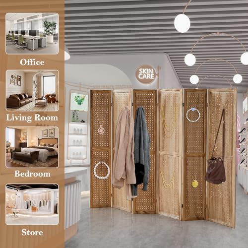 4 Panel Room Dividers and Folding Privacy Screens, 5.6Ft Wooden Pegboard Display, Privacy Dividers for Bedroom