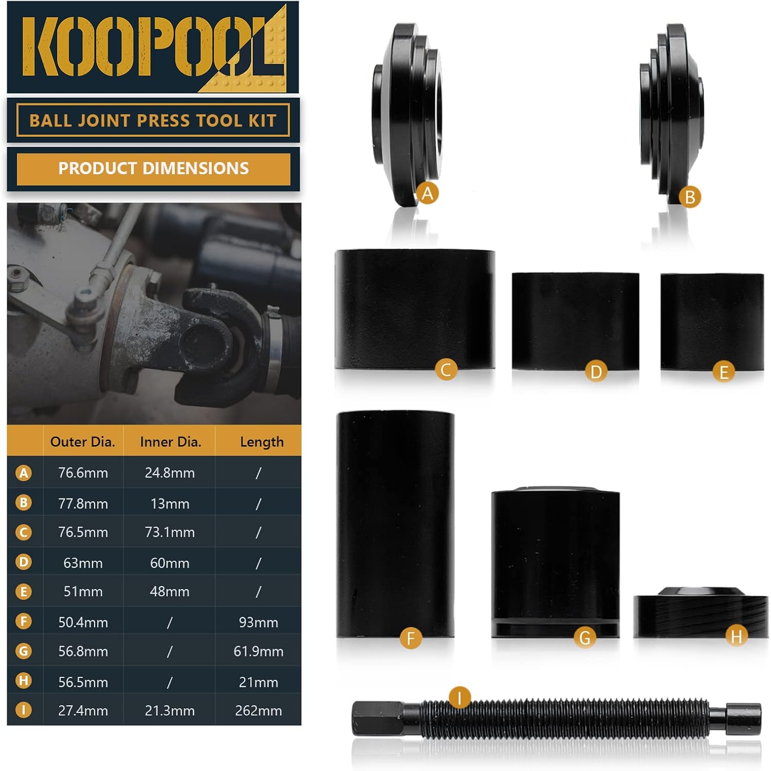 KOOPOOL Ball Joint Press & U Joint Removal Tool Kit 10 PCS for Ball Joint, U-Joint, Brake Anchor Pins Removal and Installation with Carrying Case
