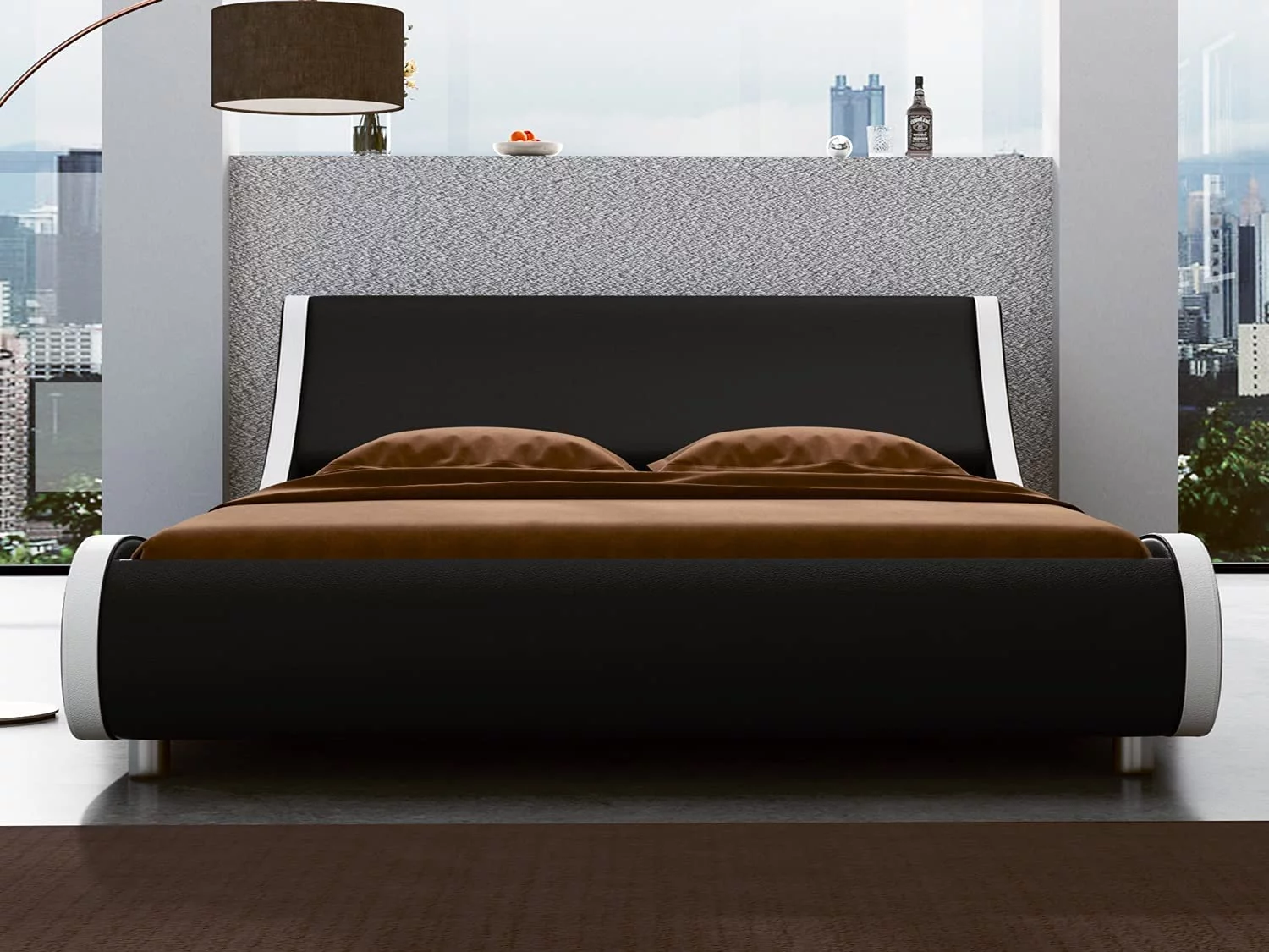 SHA CERLIN Black & White Queen Size Platform Bed frame, Faux Leather Low Profile Sleigh Bed Frame with Adjustable Headboard, Adult