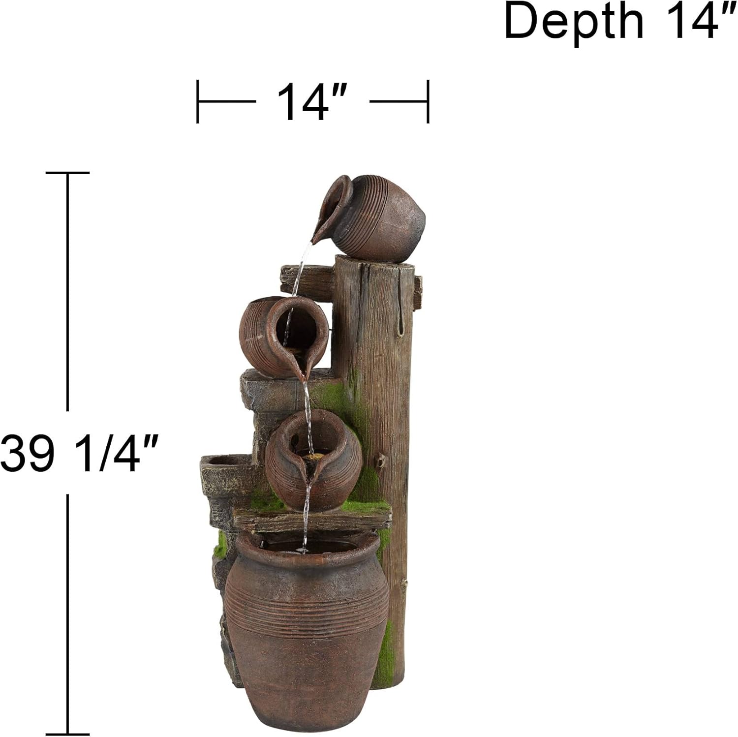 Four Pot Rustic Outdoor Floor Water Fountain 39 1/4" High with LED Light Cascading Decor for Garden Patio Backyard Deck Home Lawn Porch House