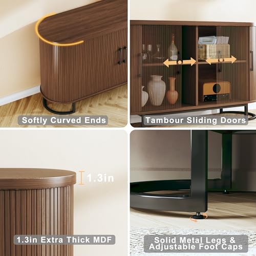 Sideboard Buffet Cabinet with Storage, 54.3" Fluted Tambour, Adjustable Shelves, Mid Century Modern Console for Living Room Kitchen Walnut