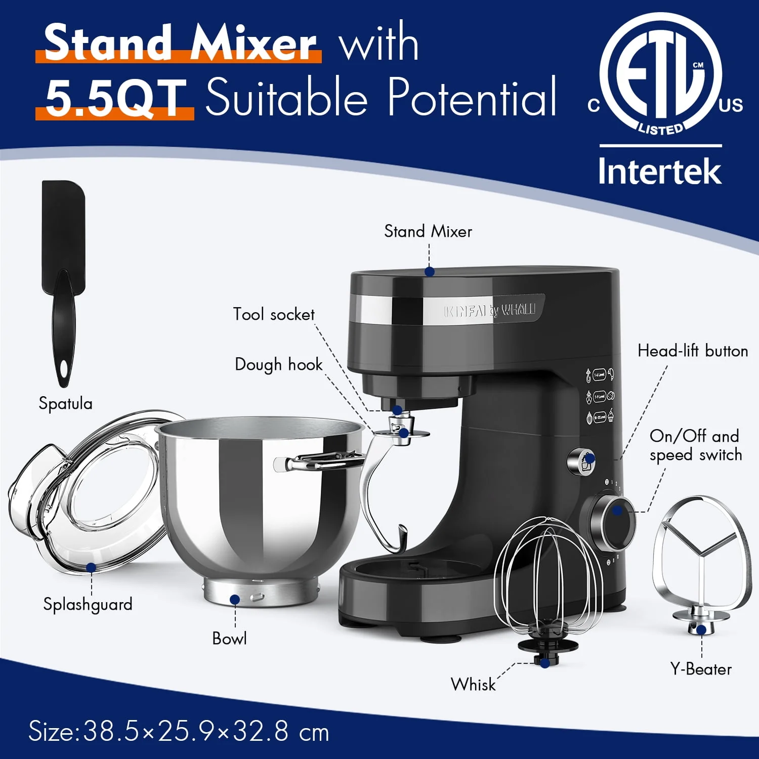 WHALL® Stand Mixer - 5.5Qt 12-Speed Tilt-Head Electric Kitchen Mixer with Dough Hook/Wire Whip/Beater, Stainless Steel Bowl (Blue)