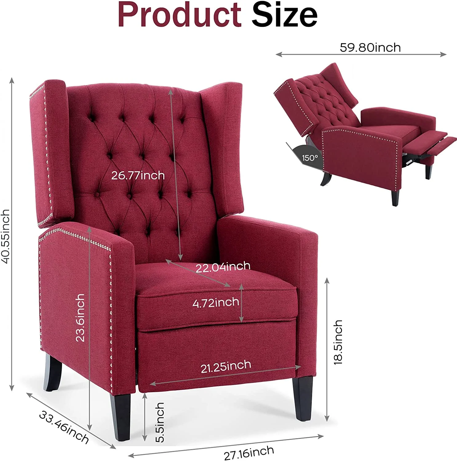 Wingback Recliner Tufted Fabric Recliner Traditional Classic Recliner Reading Armchair Push Back Arm Recliner Lounge Chair Study Living Room Bedroom