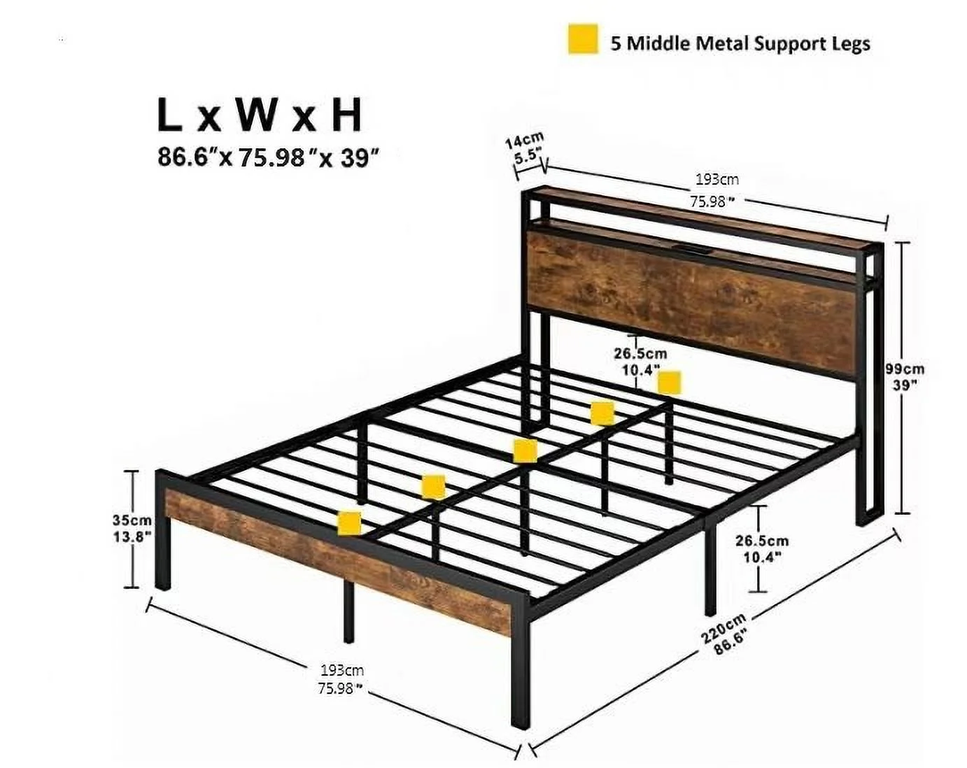 KINFFICT King Size Metal Platform Bed Frame with Wooden Headboard and Footboard, with USB Liner, Sturdy Steel Slat Support, 10.4" Underbed Storage