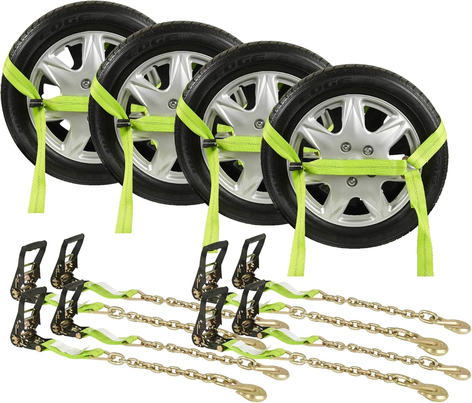 Mytee Products (8 Pack) 2 x 8' Car Tie Down Lasso Ratchet Strap with Chain Anchor - High Viz Green Tire Straps for Car Trailer