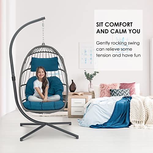 Brafab Hanging Egg Chair with Stand and Footrest, Wicker Egg Swing Chair Indoor Outdoor Aluminum-Steel Frame and UV Resistant Cushion
