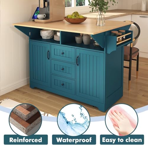 Kitchen Island with 2 Drop Leaf, Home Cart Island on Wheels Foldable Dining Table with Power Outlets,3 Drawers,Storage Cabinet, Tower Rack(Black)