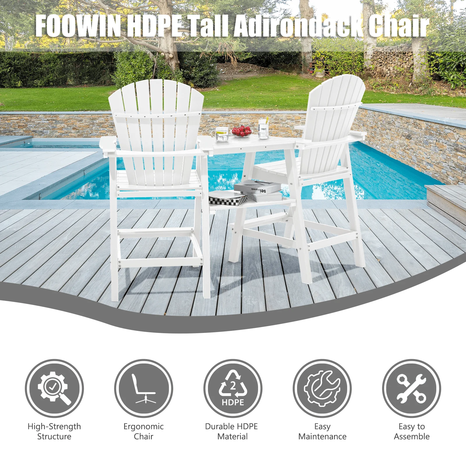 Tall Adirondack Chairs Set of 2 .Outdoor Adirondack Barstools with Double Connecting Tray Patio Stools Weather Resistant for Outdoor Deck Lawn Pool
