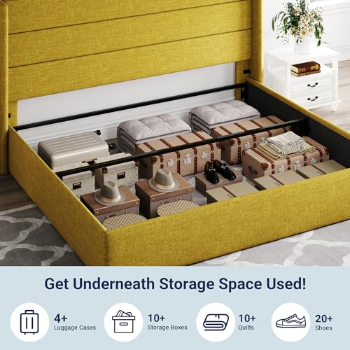 Allewie Full Size Lift Up Storage Bed, Modern Wingback Headboard, Hydraulic Support, No Box Spring Needed, Light Beige