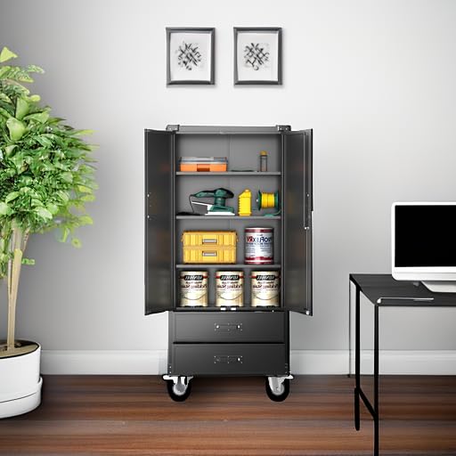 Aobabo 71" H×32" W×16" D Metal Storage Cabinet with Wheels, Garage Steel Storage Cabinet with 5 Adjustable Shelves and 4 Hooks for Home Office