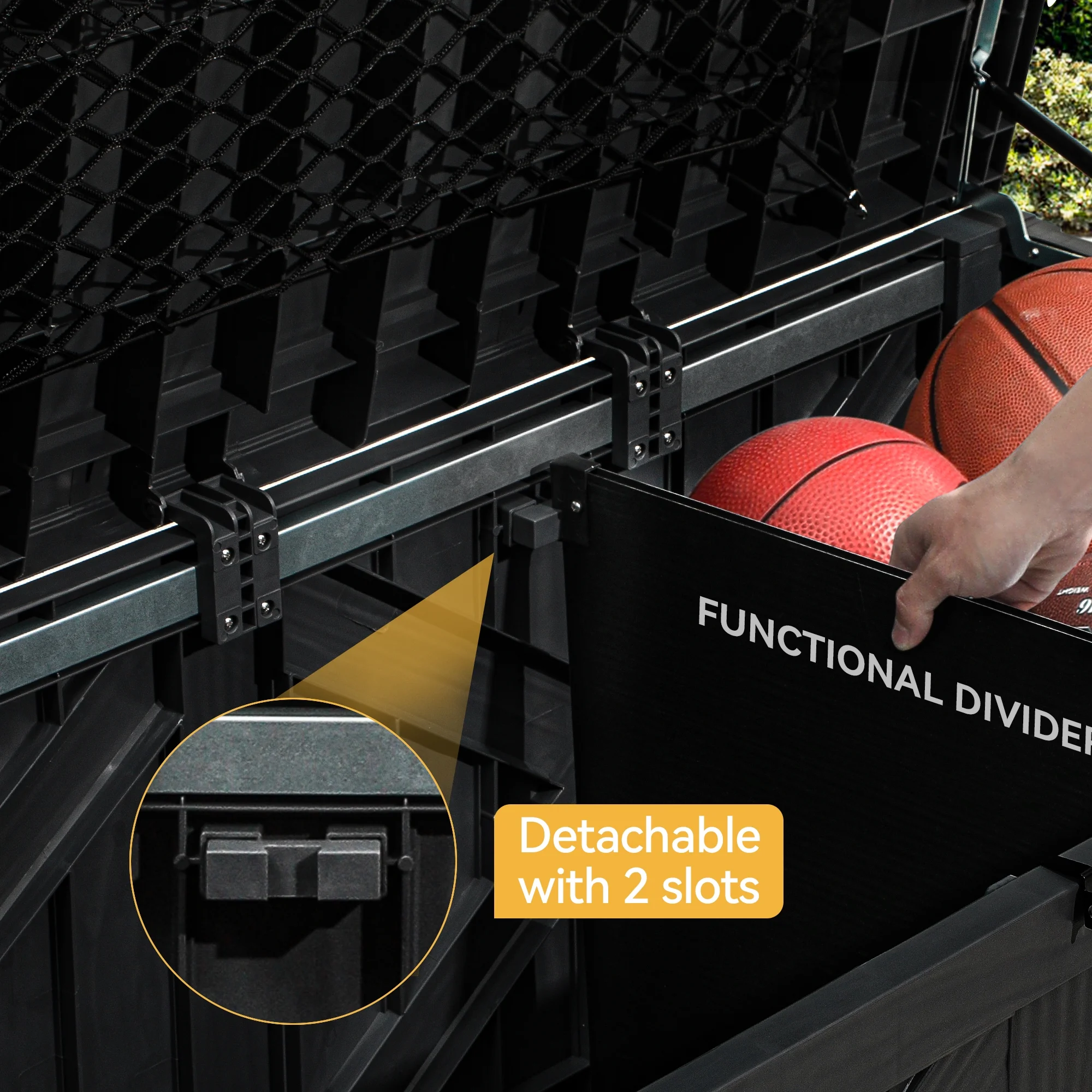 Dextrus 120 Gallon Large Patio Deck Box, Upgraded Resin Outdoor Storage Boxes w/Flexible Divider & Storage Net, Waterproof&Lockable, Black