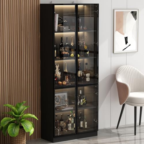 Hitow Glass Door Cabinet with Lights and 4 Storage Shelves, Tall Modern Display Storage Organizer with 2 Drawers and 2 Doors