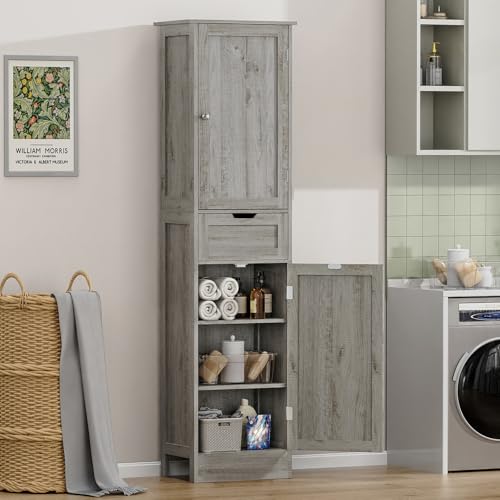 Iwell 67" Tall Bathroom Cabinet, Storage Cabinet with 2 Doors & 1 Drawer, Bathroom Storage Cabinets with Adjustable Shelves, for Living Room