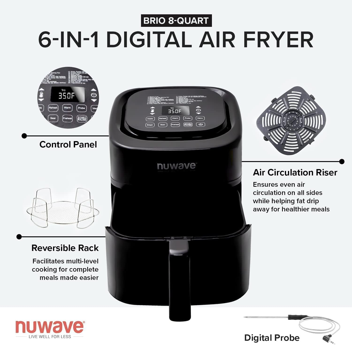 NUWAVE Brio 8-Qt Air Fryer, Powerful 1800W, Easy-to-Read Cool White Display, 50°-400°F Temp Controls, 100 Pre-Programmed Presets & 50 Memory Slots