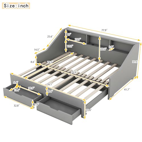 Merax Twin to King Daybed with Storage Bookcases and Two Drawers, Wood Bed Frame with Trundle and USB Charging Design for Bedroom, Guest Room