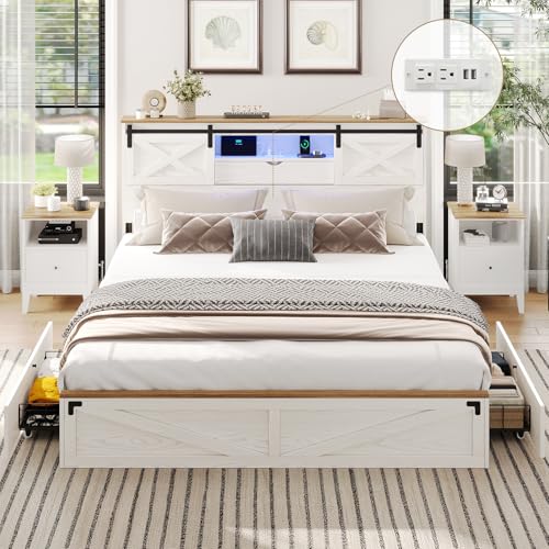 Hasuit Farmhouse Bed Frame California King Size with Storage Bookcase Headboard, Wooden Cal King Bed with LED Lights, Charging Station, 2 Drawers