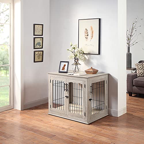 beeNbkks Furniture Style Dog Crate End Table, Double Doors Wooden Wire Dog Kennel with Pet Bed, Decorative Pet Crate Dog House Indoor Medium Large