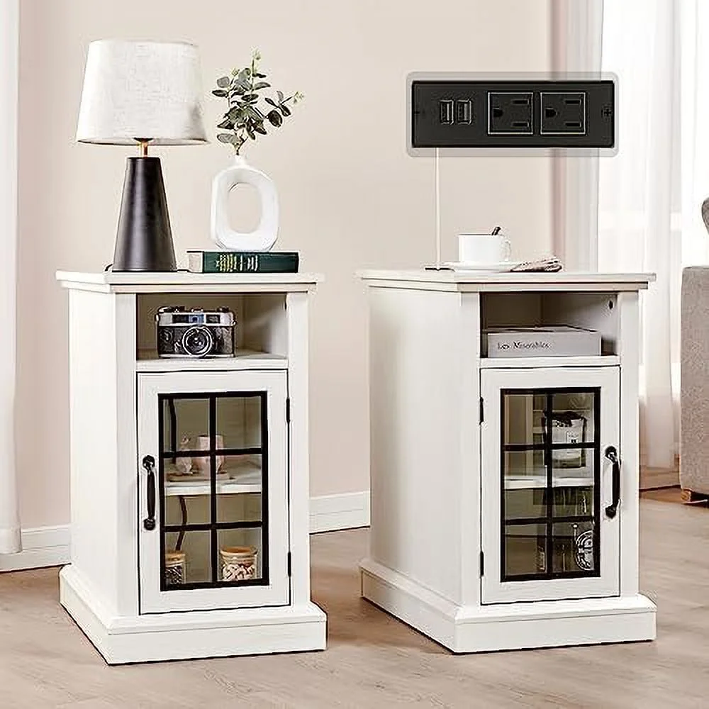 Set of 2 End Table with Charging Station&amp;USB Ports   Side Table Cabinet with Glass Door for Living Room  Bedroom  Distressed White