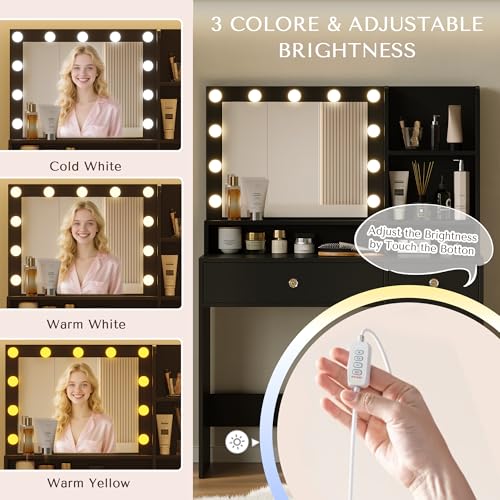 Vanity Desk with Mirror and Lights, Diamond Edition Vanity Desk, Makeup Vanity Table with 3 Drawers & 5 Open Shelves