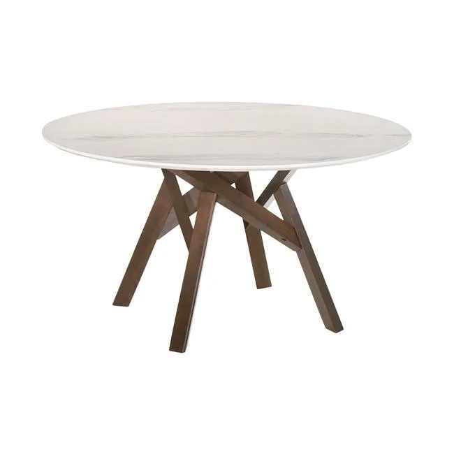 54 in. Venus Round Mid-Century Modern Marble Dining Table with Wood Legs, White & Walnut