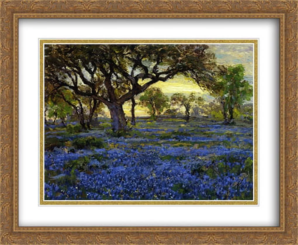 Old Live Oak Tree and Bluebonnets on the West Texas Military Grounds, San Antonio 2x Matted 34x28 Large Gold Ornate Framed Art Print by Onderdonk