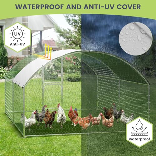 Heavy Duty Walk-in Chicken Coop, Large Metal Poultry Cage with Waterproof UV Cover & Round Top Design