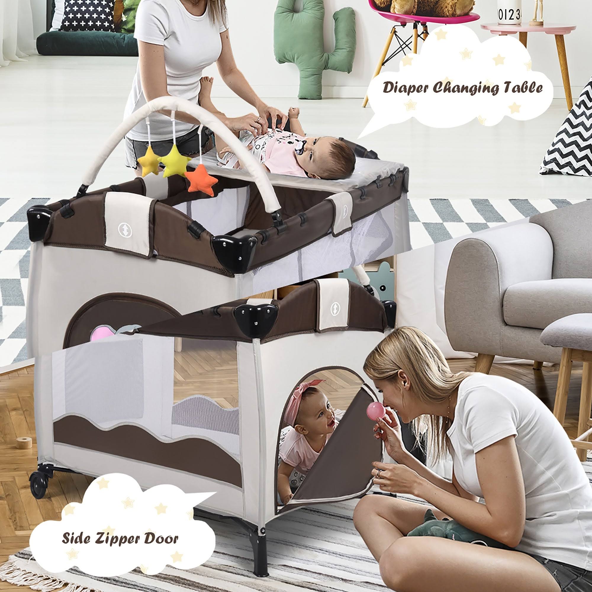 Portable Baby Playard Travel Bassinet Bed with Hanging Toys - Green