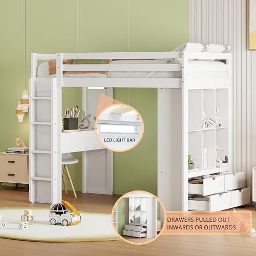 Full Size Loft Bed with Desk & Wardrobe, Solid Wood Kids Loft Bedframe w/3 Storage Drawers & 2 Shelves, Maximum Space Design, for Bedroom, Dorm, Gray