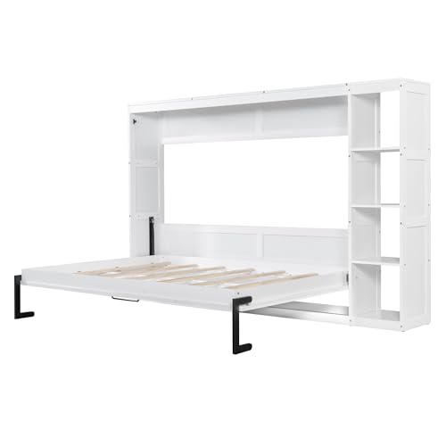 Queen Size Farmhouse Murphy Bed Cabinet with Charging Station, Foldable Platform Bed Frame with 2 Storage Drawers